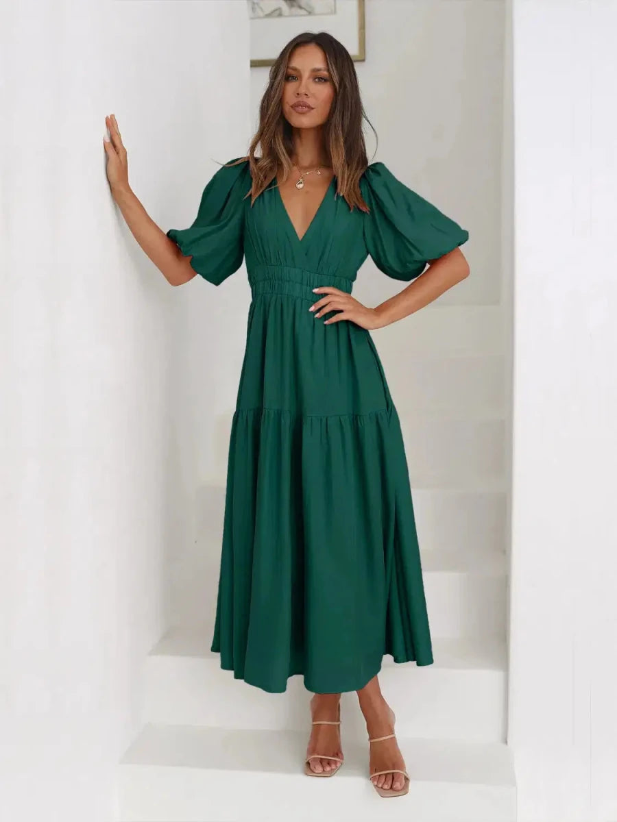 Gracefully Yours Puff - Sleeve Tiered Maxi Dress - Lustreve