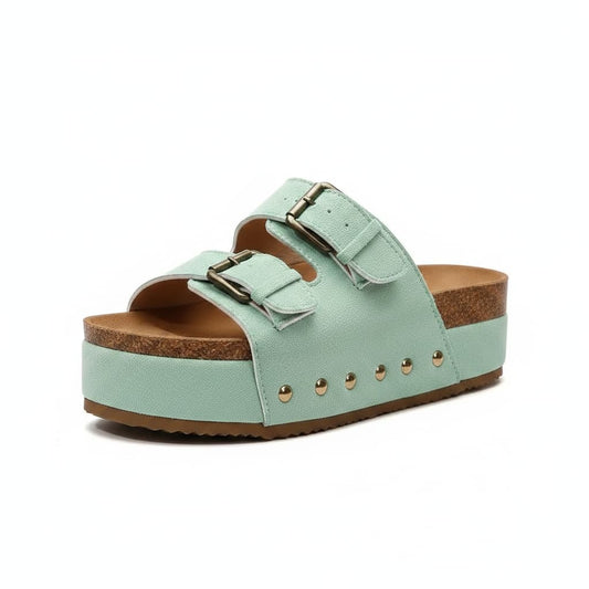 Double Buckle Suede Platform Slides