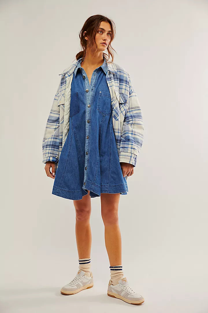 Button Me Up Lantern Sleeve Denim Dress
