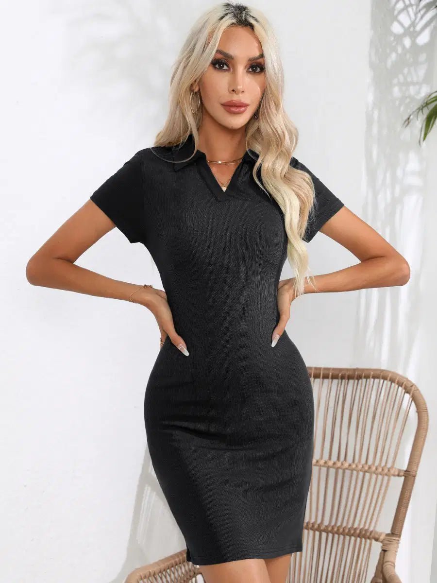 Johnny Bravo Collar Short Sleeve Bodycon Dress - Lustreve