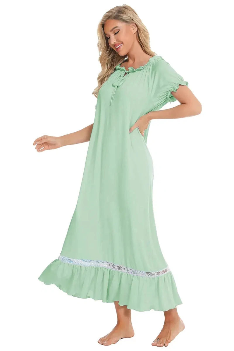 Lace Detail Short Sleeve Lounge Dress - Lustreve