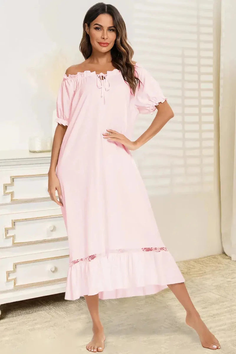 Lace Detail Short Sleeve Lounge Dress - Lustreve