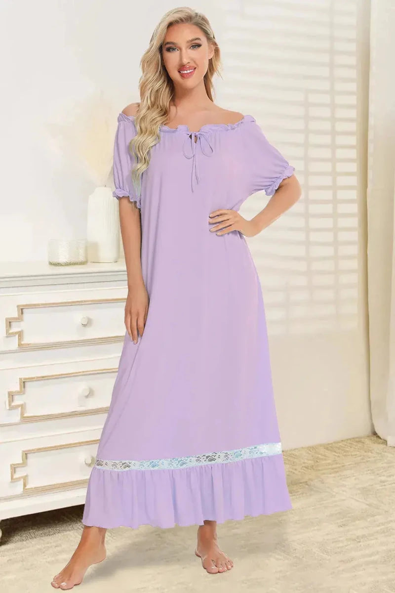 Lace Detail Short Sleeve Lounge Dress - Lustreve