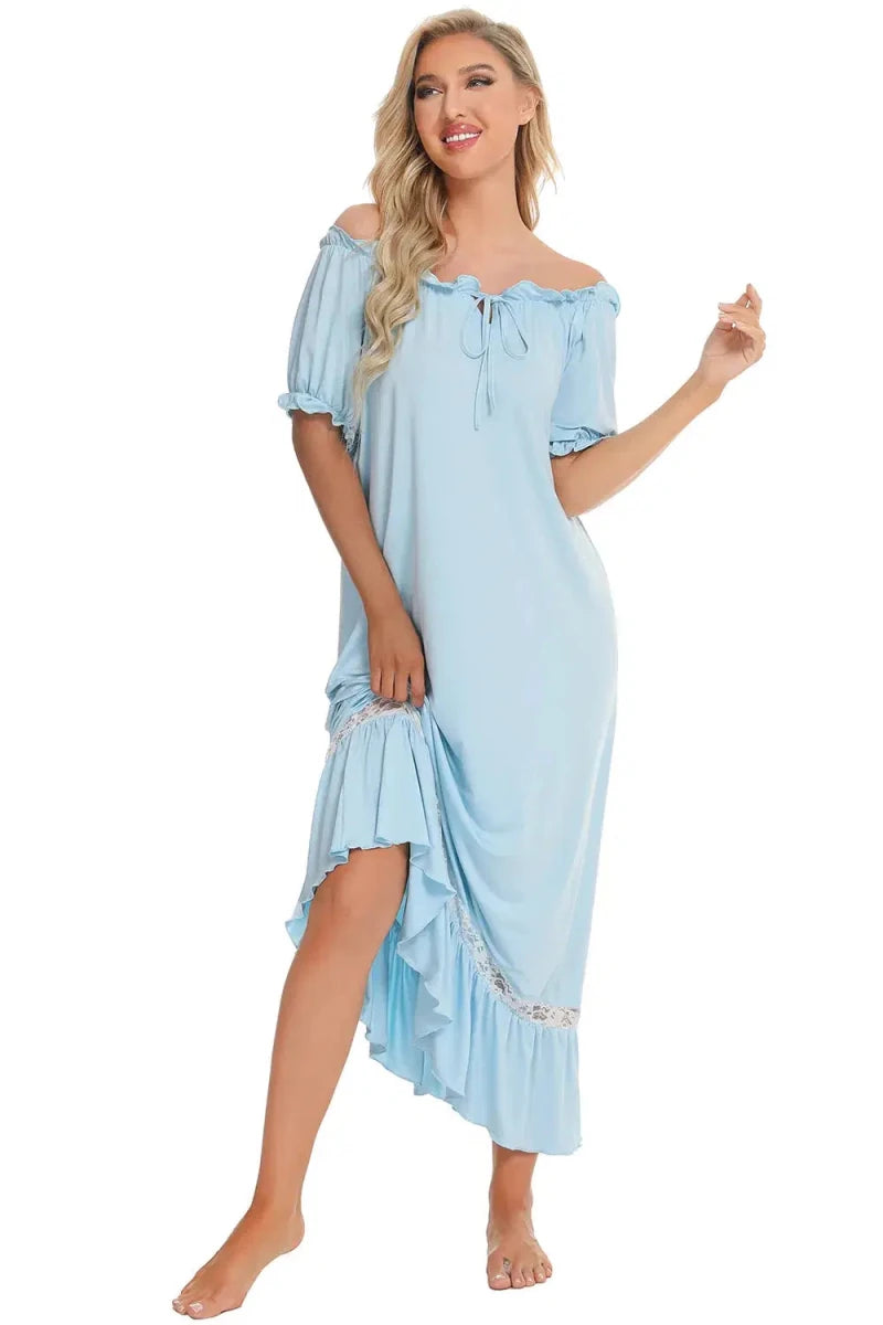 Lace Detail Short Sleeve Lounge Dress - Lustreve