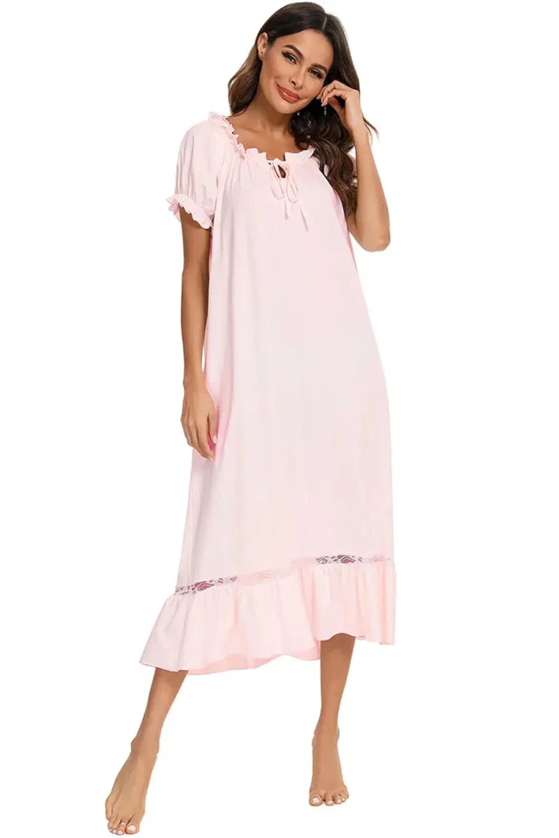 Lace Detail Short Sleeve Lounge Dress - Lustreve