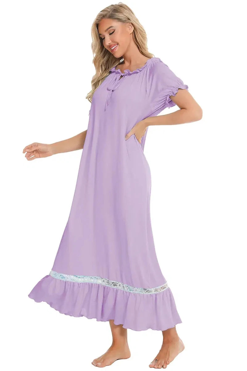 Lace Detail Short Sleeve Lounge Dress - Lustreve