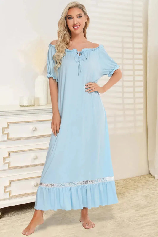 Lace Detail Short Sleeve Lounge Dress - Lustreve