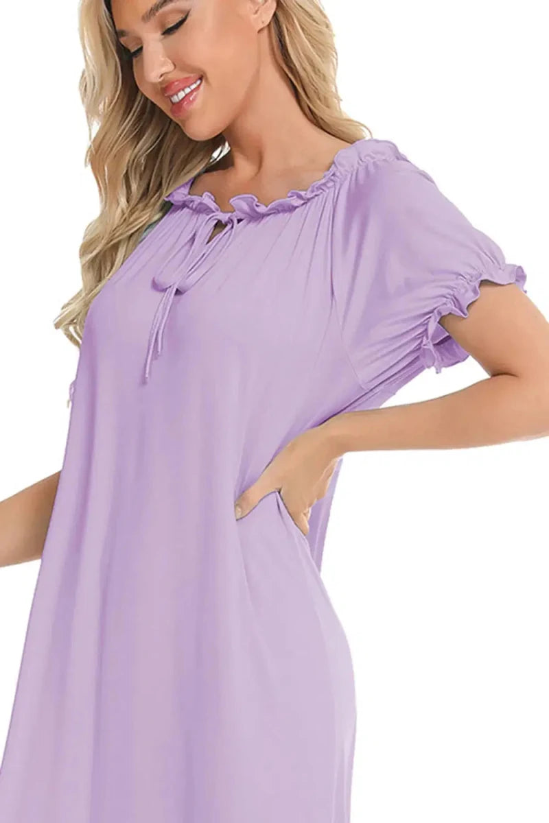 Lace Detail Short Sleeve Lounge Dress - Lustreve