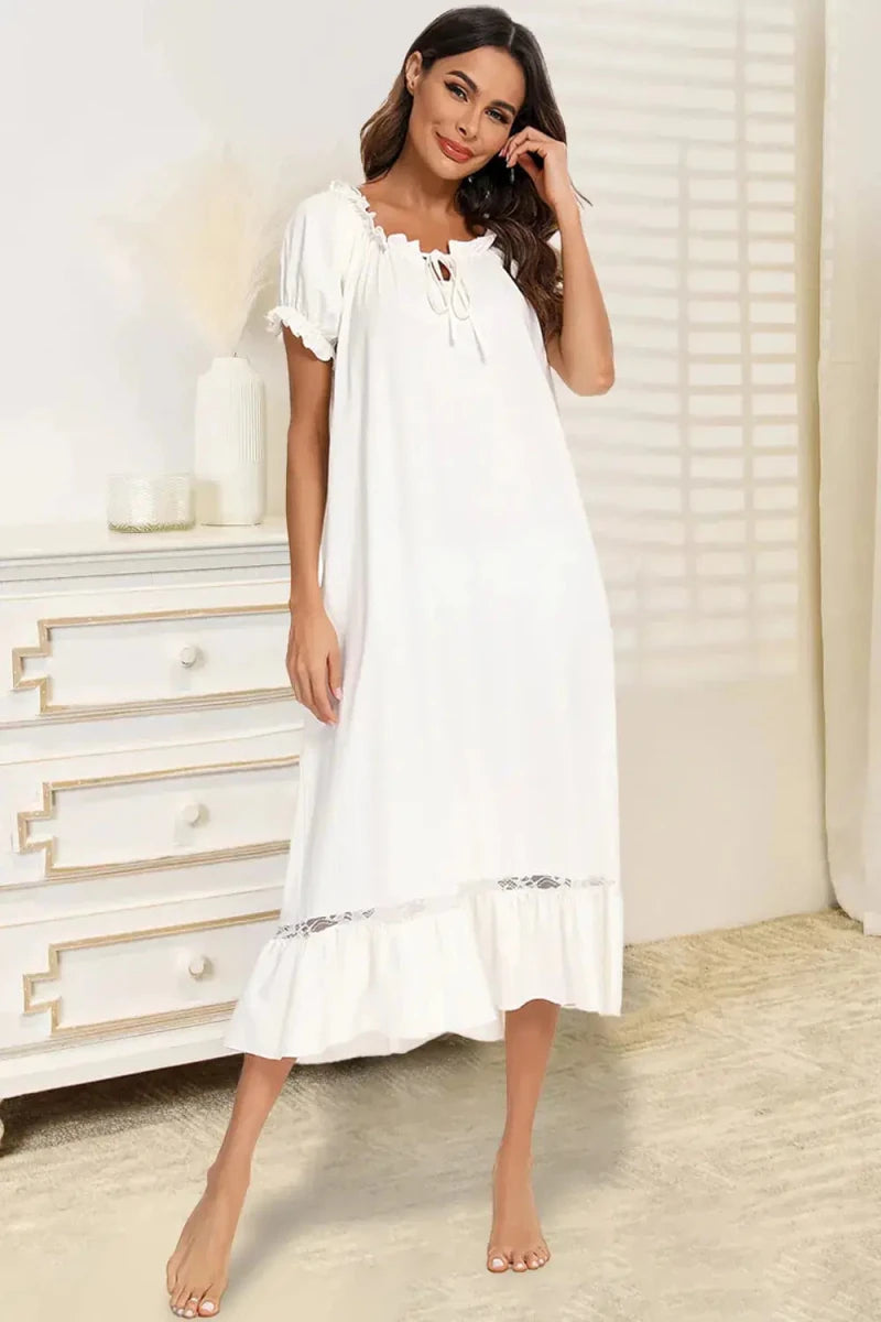 Lace Detail Short Sleeve Lounge Dress - Lustreve