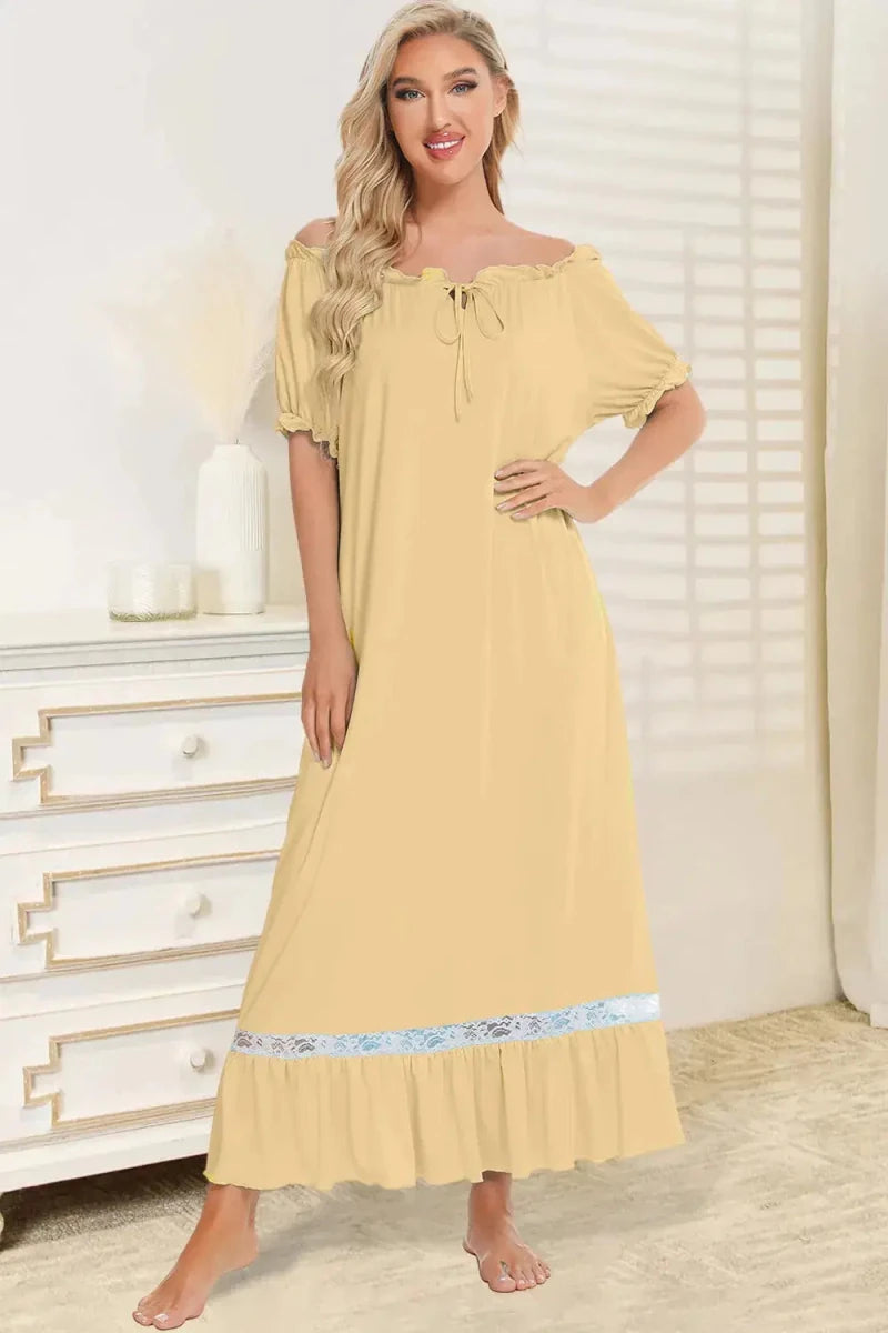 Lace Detail Short Sleeve Lounge Dress - Lustreve
