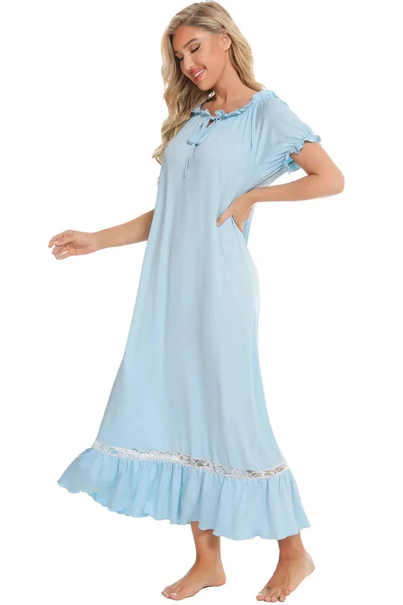 Lace Detail Short Sleeve Lounge Dress - Lustreve