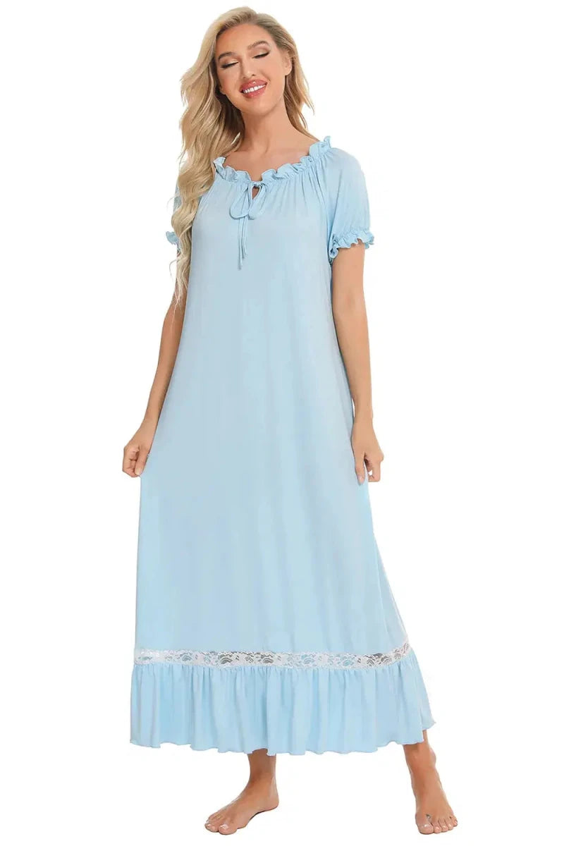 Lace Detail Short Sleeve Lounge Dress - Lustreve