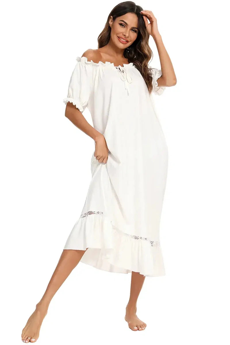 Lace Detail Short Sleeve Lounge Dress - Lustreve