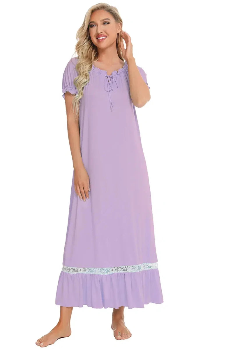 Lace Detail Short Sleeve Lounge Dress - Lustreve