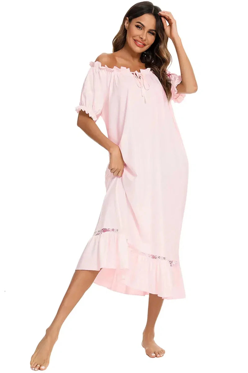 Lace Detail Short Sleeve Lounge Dress - Lustreve