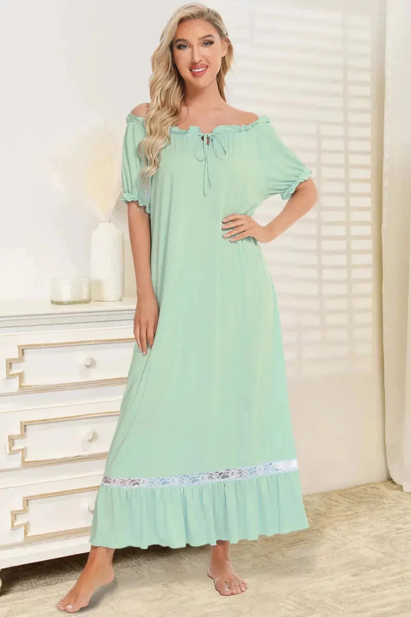 Lace Detail Short Sleeve Lounge Dress - Lustreve