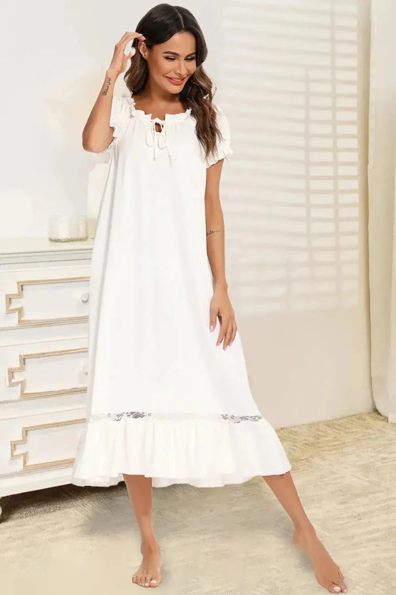 Lace Detail Short Sleeve Lounge Dress - Lustreve