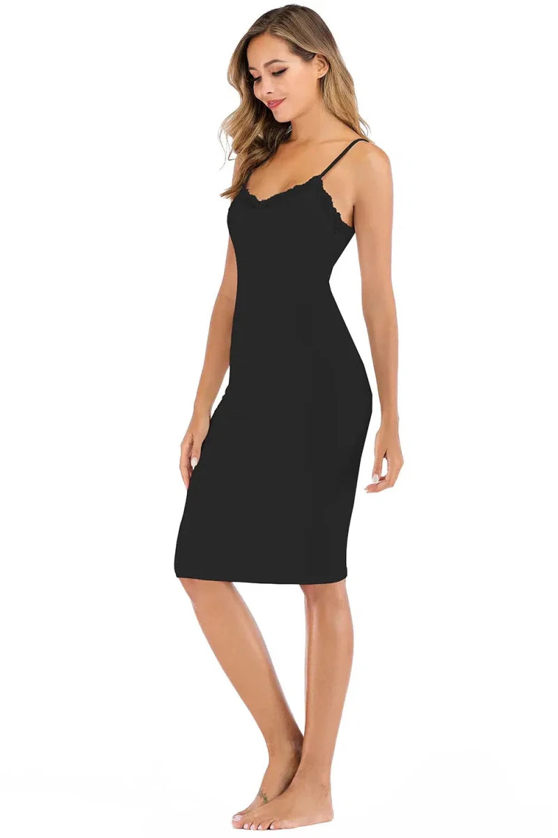 Lace Detail V - Neck Spaghetti Strap Lounge Dress - Lustreve