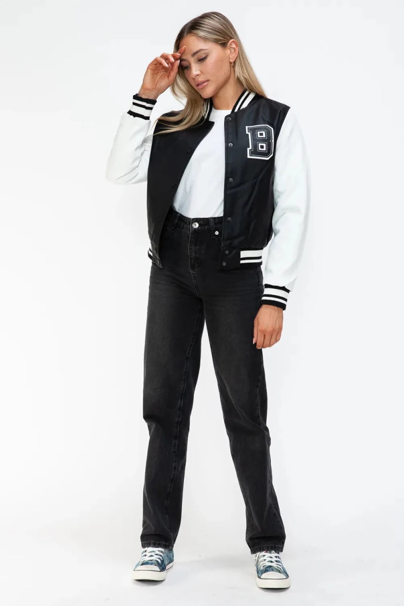 Love Me Now Snap Down Bomber Jacket with Classic Silhouette and Statement Details - Lustreve