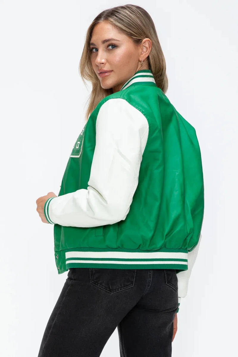 Love Me Now Snap Down Bomber Jacket with Classic Silhouette and Statement Details - Lustreve