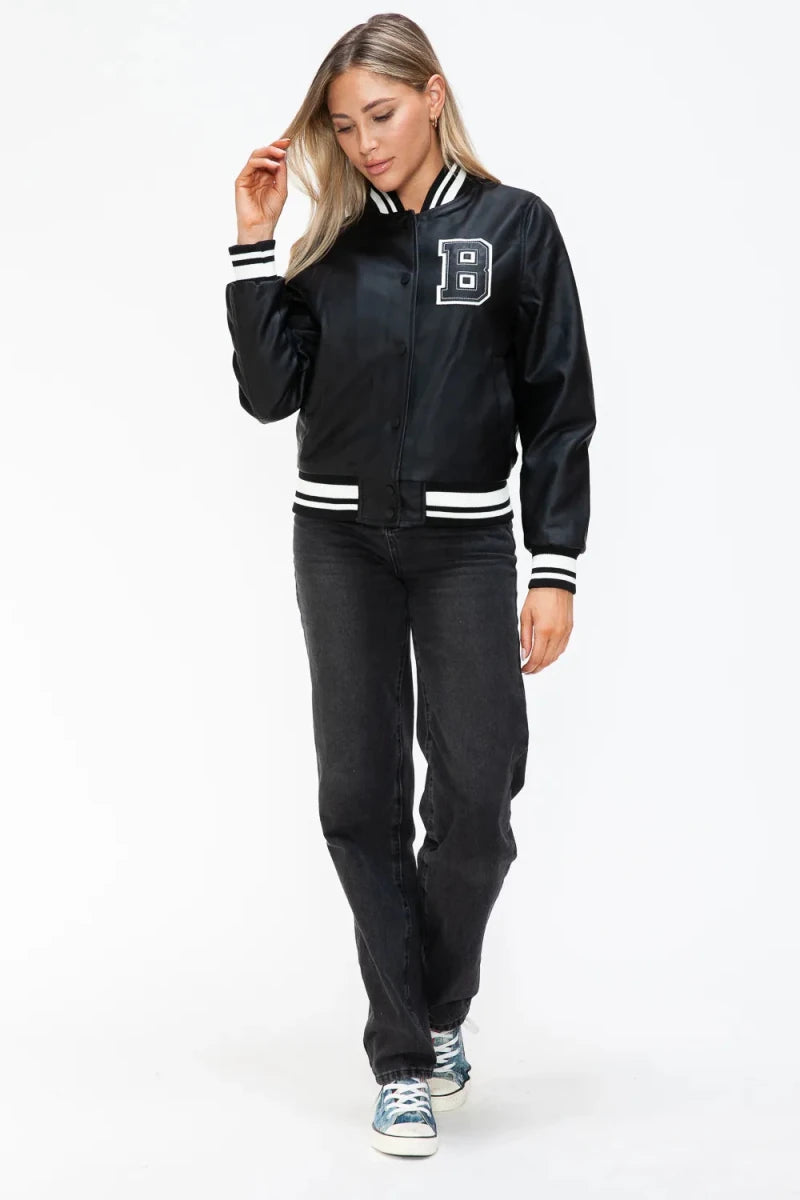 Love Me Now Snap Down Bomber Jacket with Classic Silhouette and Statement Details - Lustreve