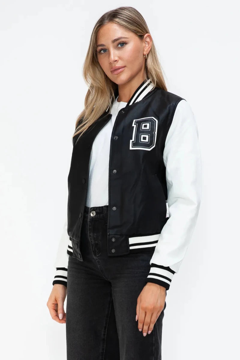 Love Me Now Snap Down Bomber Jacket with Classic Silhouette and Statement Details - Lustreve