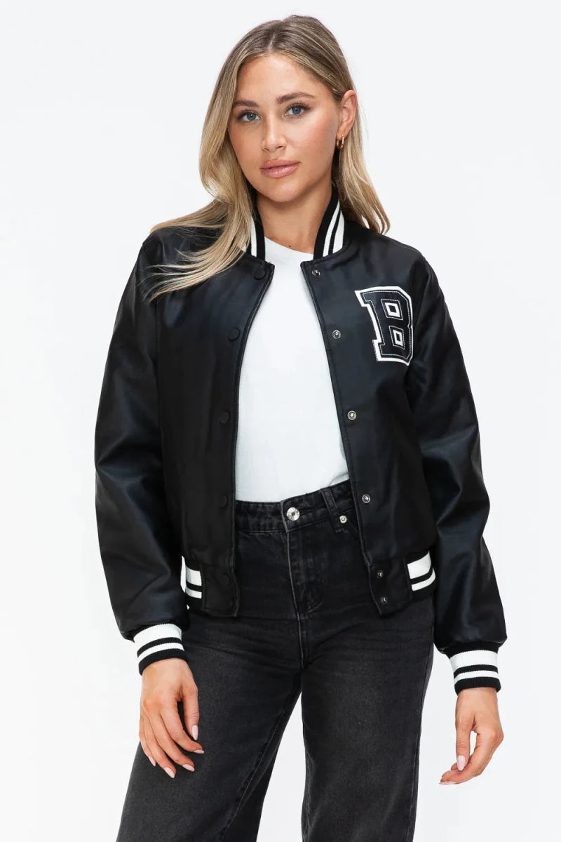Love Me Now Snap Down Bomber Jacket with Classic Silhouette and Statement Details - Lustreve