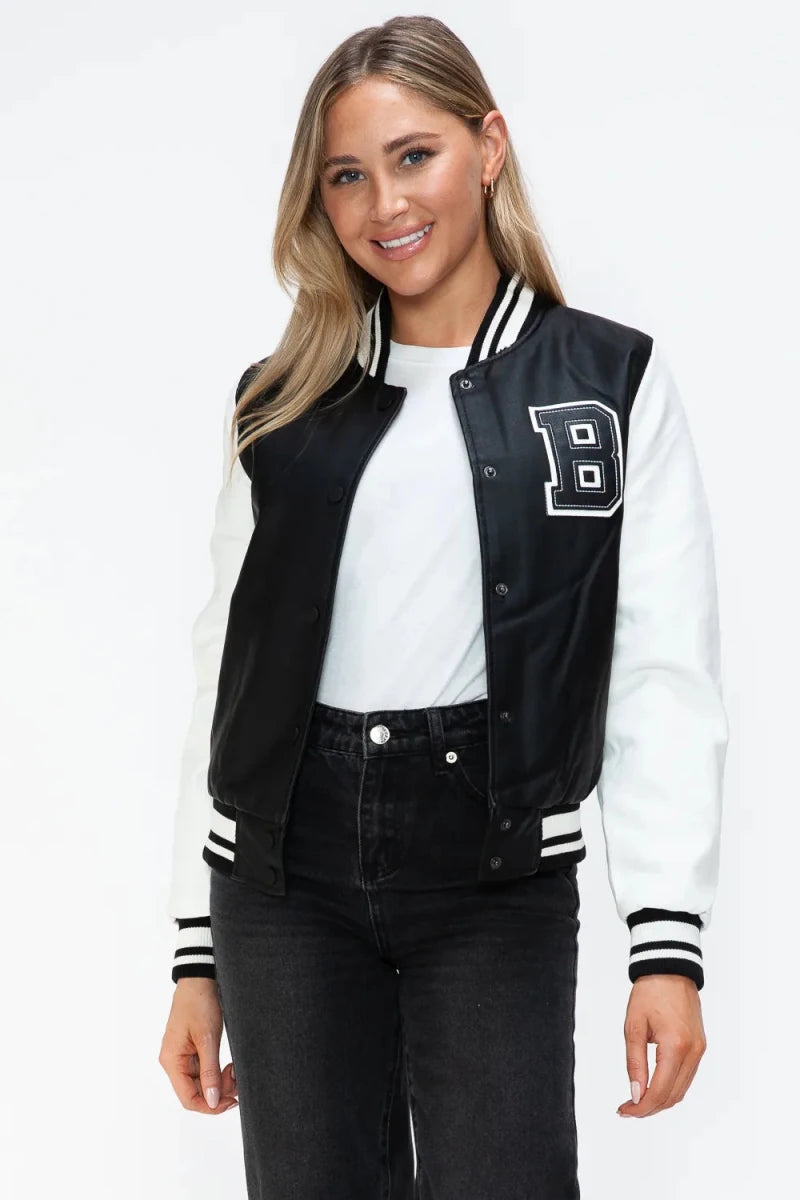 Love Me Now Snap Down Bomber Jacket with Classic Silhouette and Statement Details - Lustreve