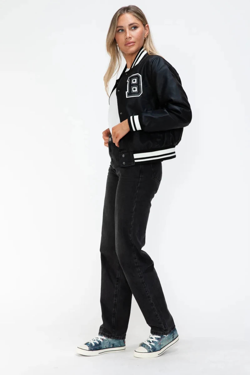 Love Me Now Snap Down Bomber Jacket with Classic Silhouette and Statement Details - Lustreve
