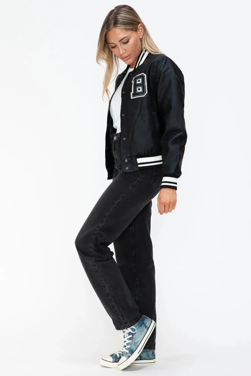 Love Me Now Snap Down Bomber Jacket with Classic Silhouette and Statement Details - Lustreve