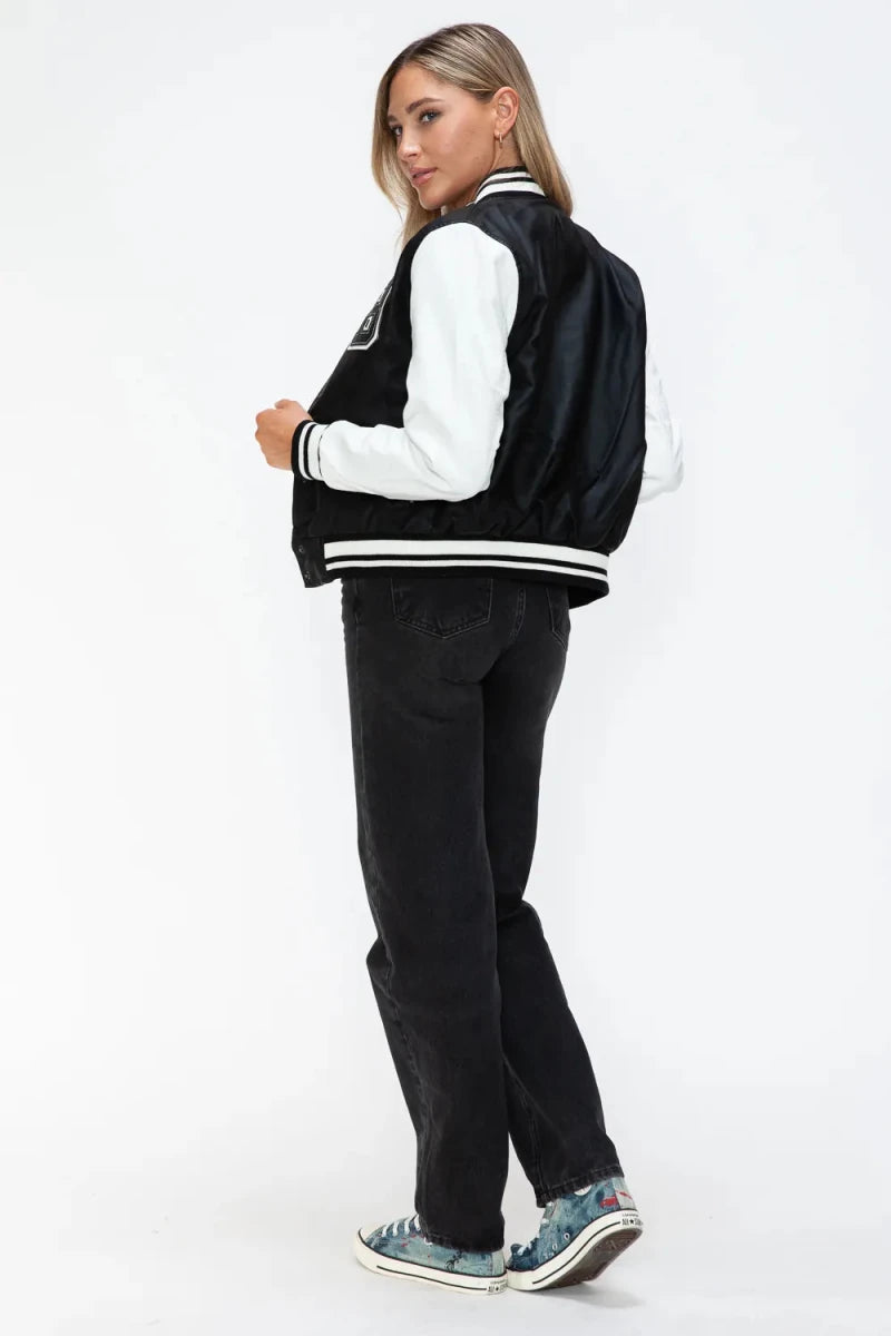 Love Me Now Snap Down Bomber Jacket with Classic Silhouette and Statement Details - Lustreve