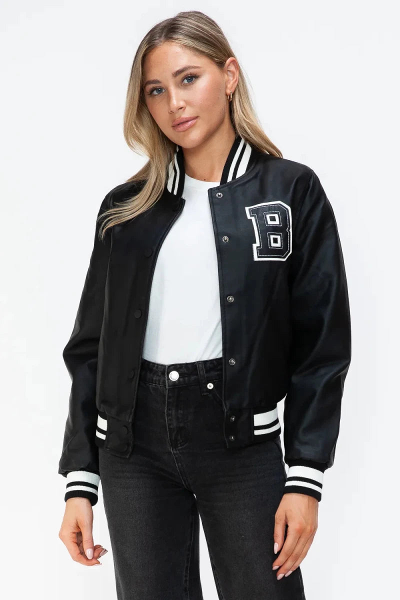 Love Me Now Snap Down Bomber Jacket with Classic Silhouette and Statement Details - Lustreve