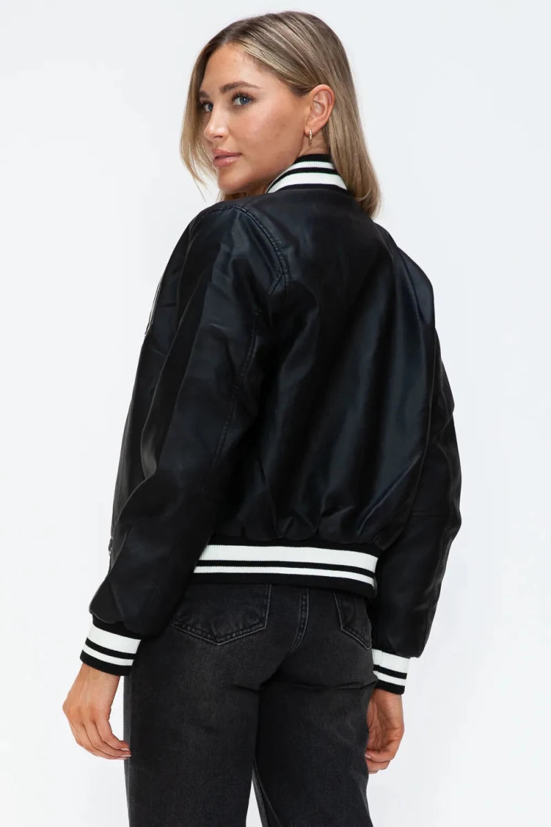 Love Me Now Snap Down Bomber Jacket with Classic Silhouette and Statement Details - Lustreve