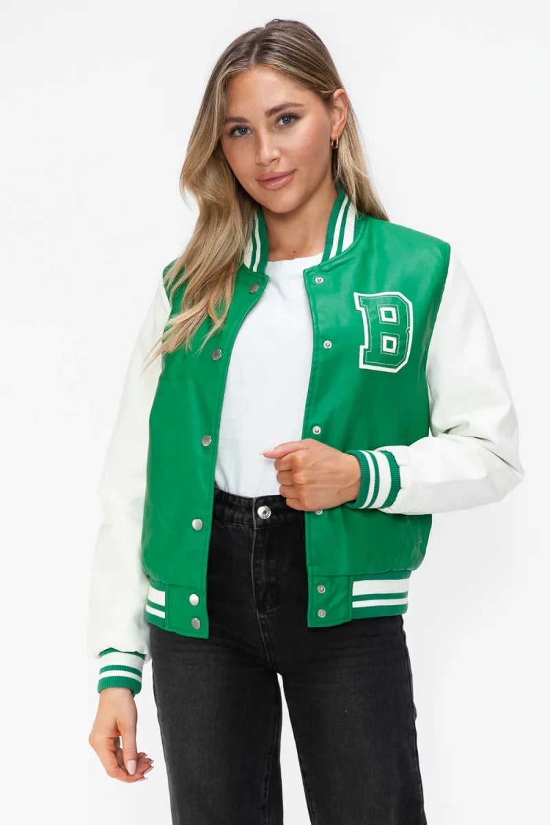 Love Me Now Snap Down Bomber Jacket with Classic Silhouette and Statement Details - Lustreve