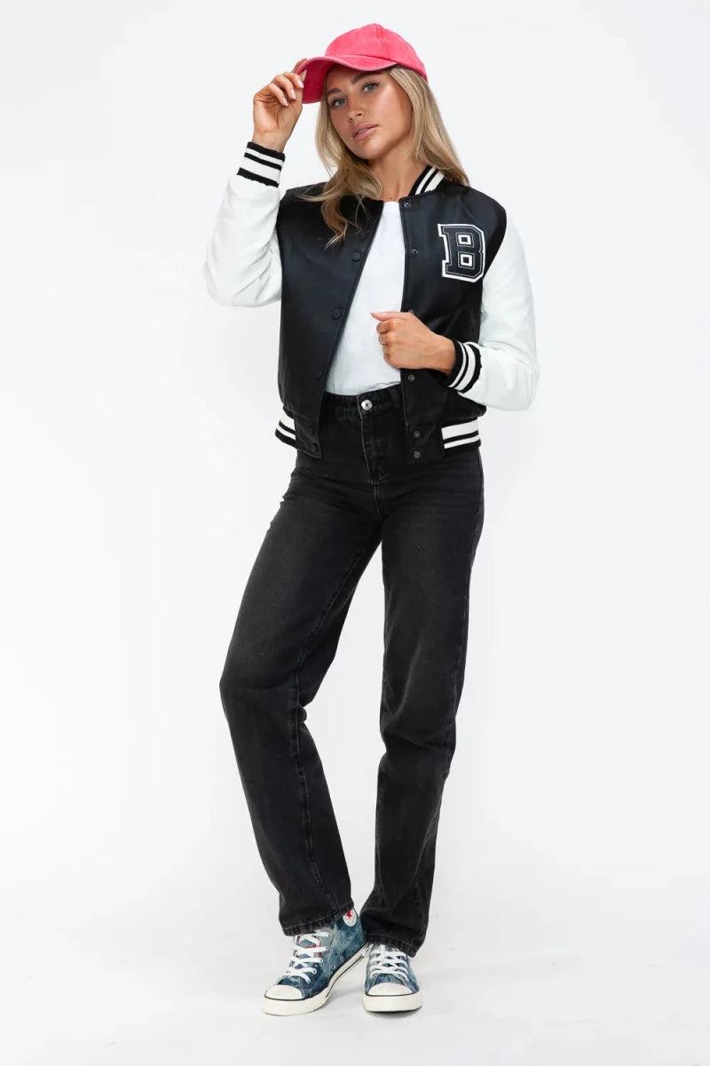 Love Me Now Snap Down Bomber Jacket with Classic Silhouette and Statement Details - Lustreve