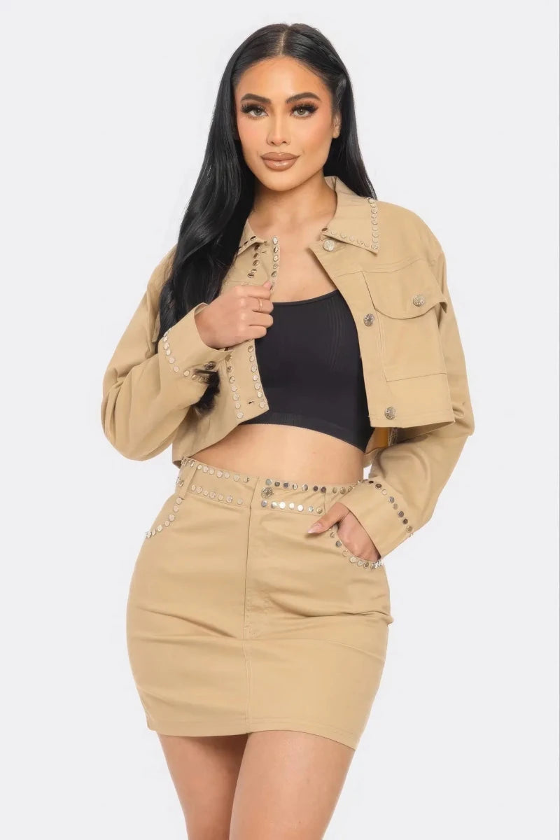 Midnight Studded Cropped Jacket & Mini Skirt Set - Lustreve