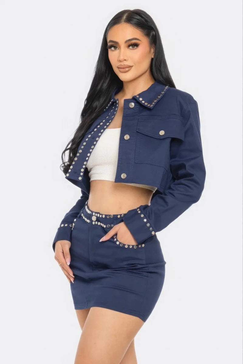 Midnight Studded Cropped Jacket & Mini Skirt Set - Lustreve