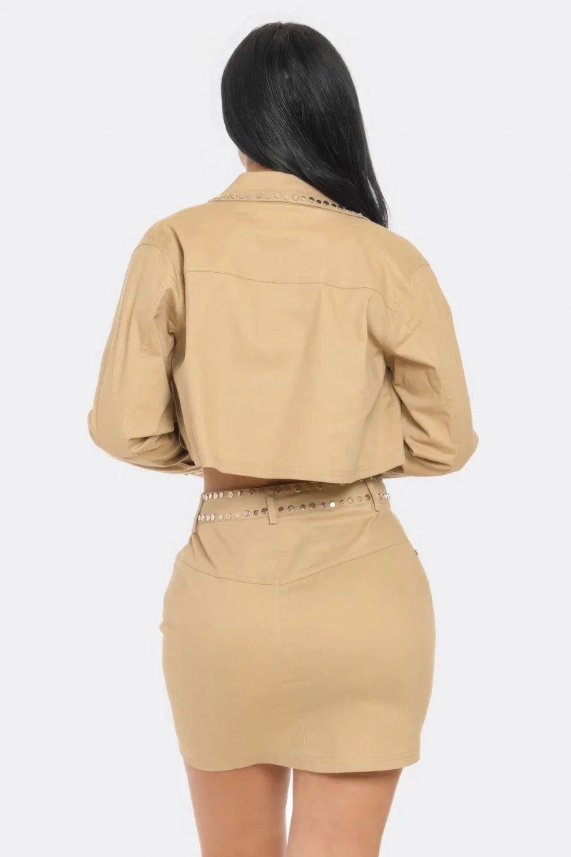 Midnight Studded Cropped Jacket & Mini Skirt Set - Lustreve
