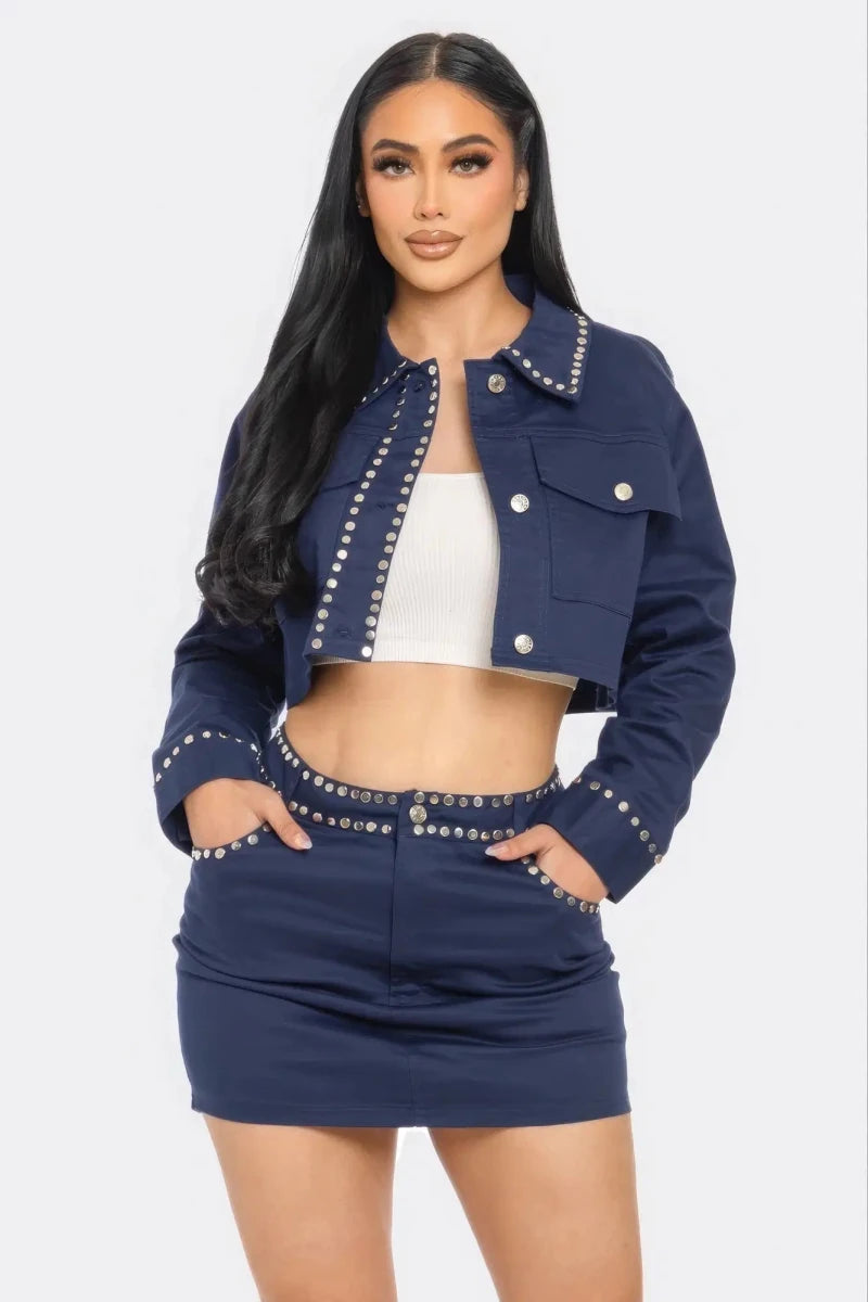 Midnight Studded Cropped Jacket & Mini Skirt Set - Lustreve