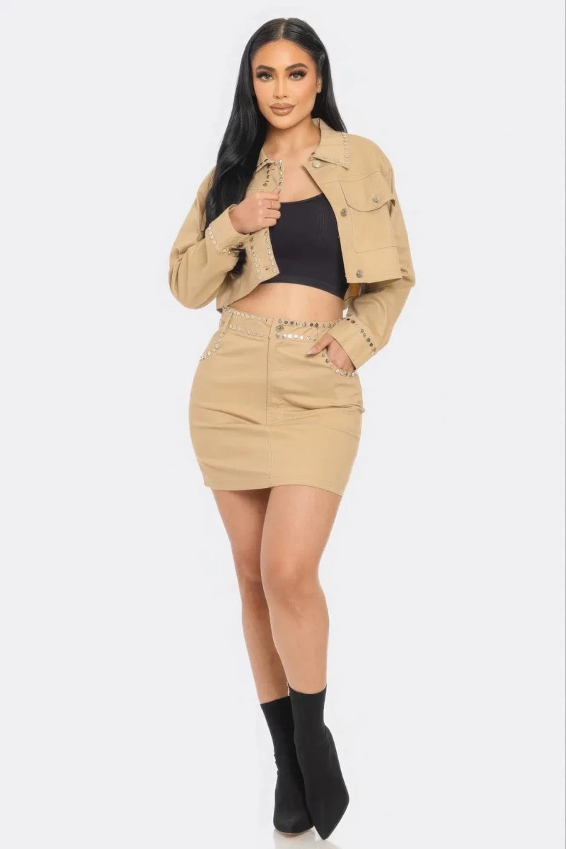 Midnight Studded Cropped Jacket & Mini Skirt Set - Lustreve