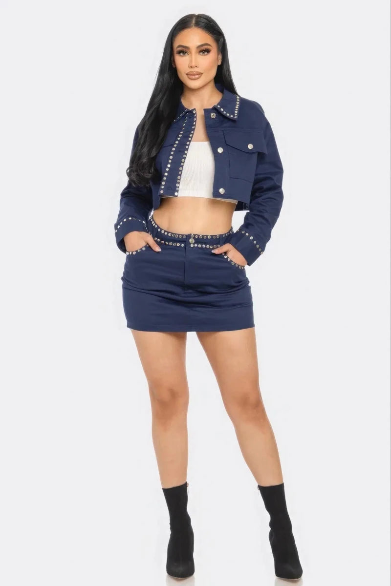 Midnight Studded Cropped Jacket & Mini Skirt Set - Lustreve