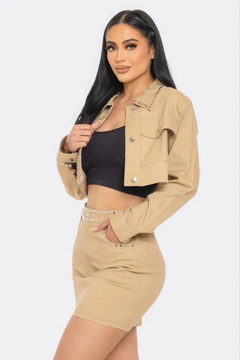 Midnight Studded Cropped Jacket & Mini Skirt Set - Lustreve