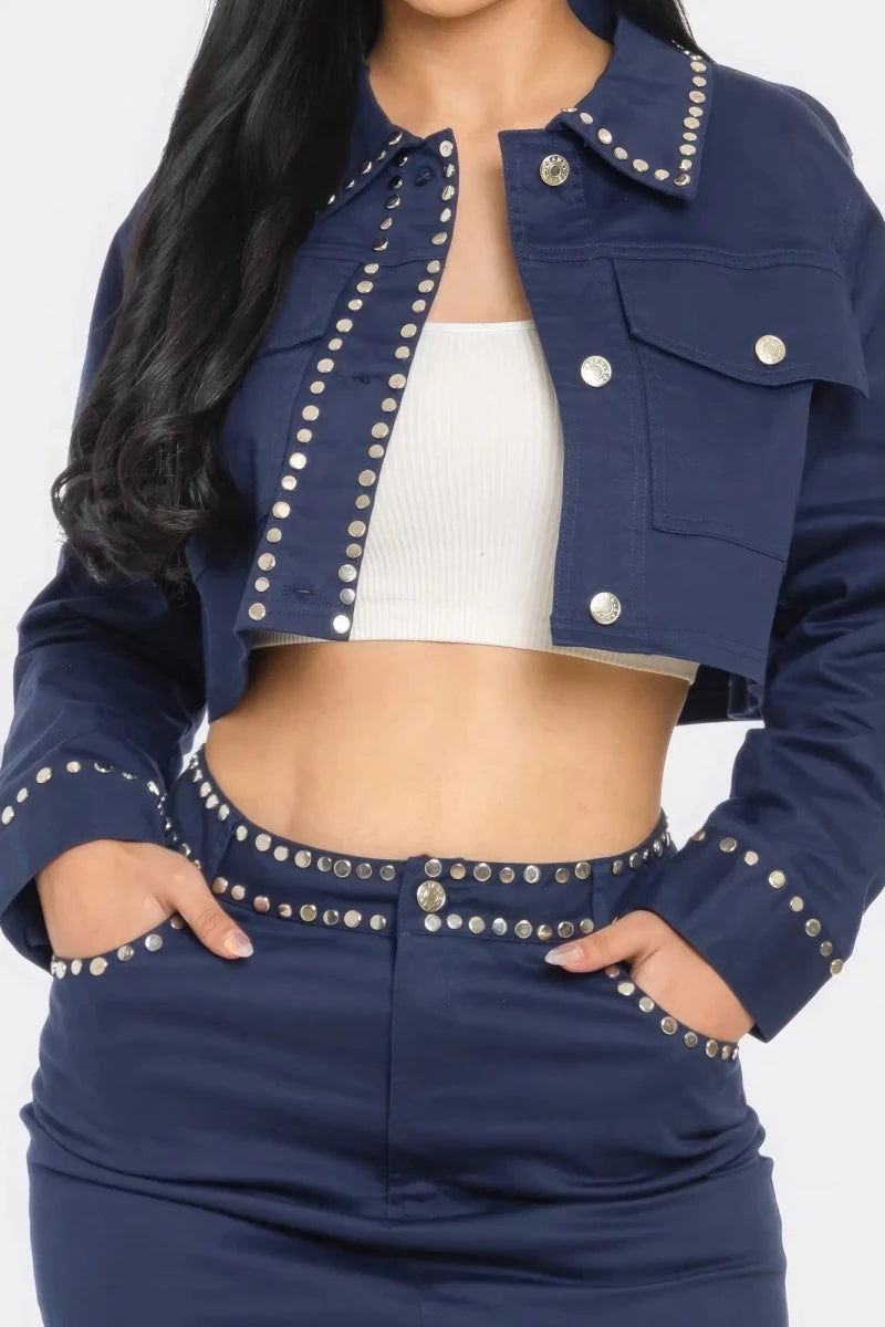 Midnight Studded Cropped Jacket & Mini Skirt Set - Lustreve
