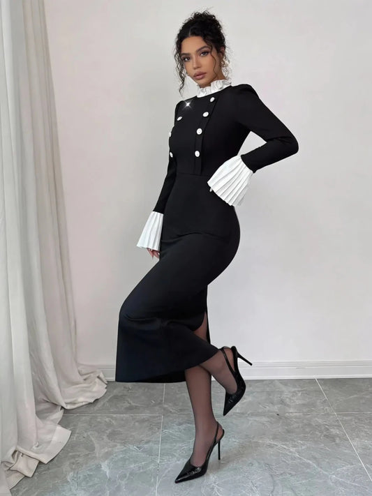 No Apologies Buttoned Authority Midi Dress – Black - Lustreve