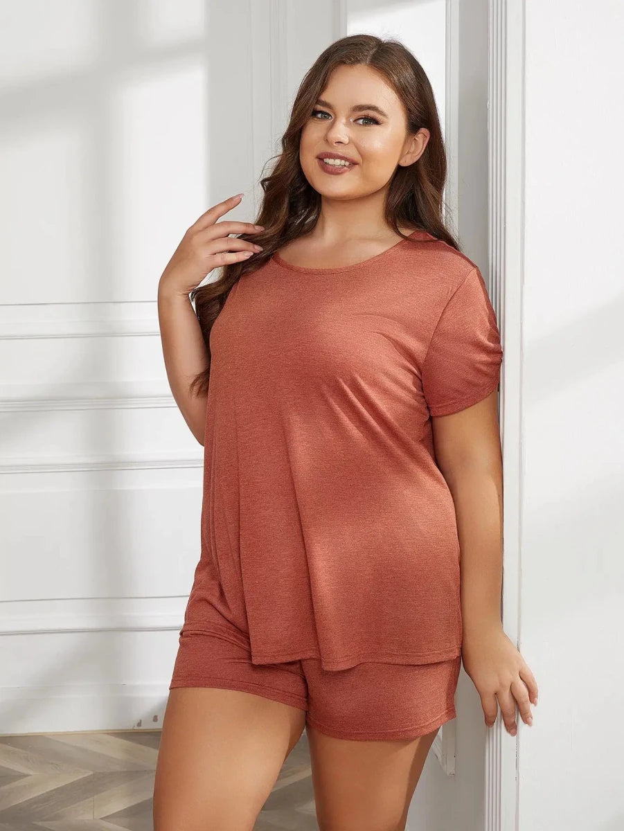 Plus Size Round Neck Short Sleeve Two - Piece Loungewear Set - Lustreve
