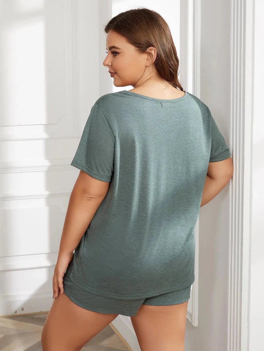 Plus Size Round Neck Short Sleeve Two - Piece Loungewear Set - Lustreve