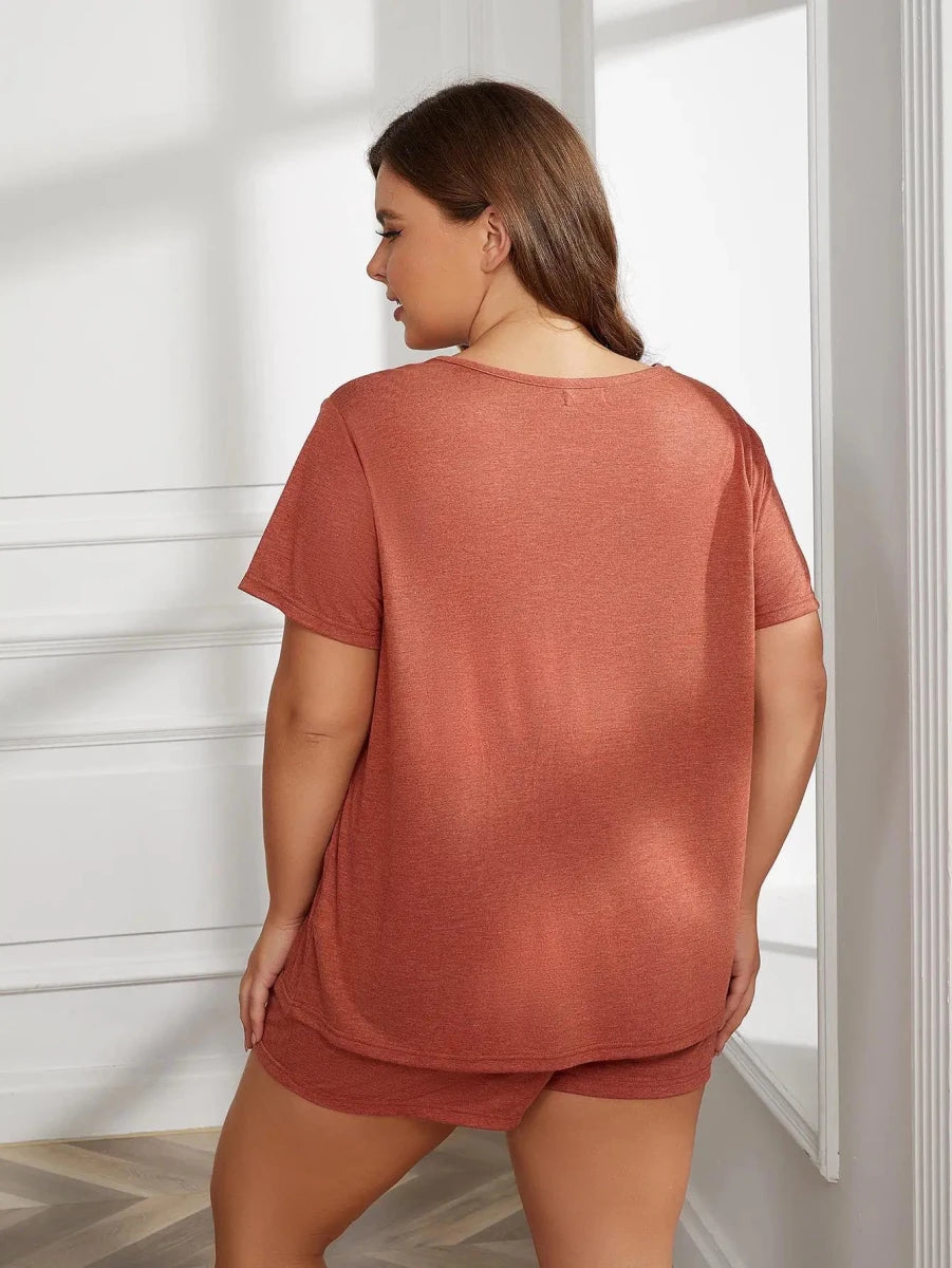 Plus Size Round Neck Short Sleeve Two - Piece Loungewear Set - Lustreve
