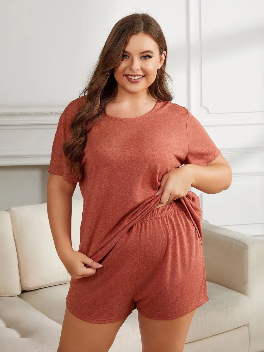 Plus Size Round Neck Short Sleeve Two - Piece Loungewear Set - Lustreve