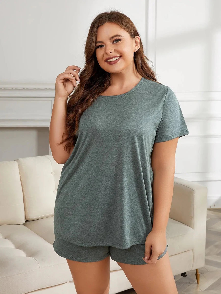 Plus Size Round Neck Short Sleeve Two - Piece Loungewear Set - Lustreve