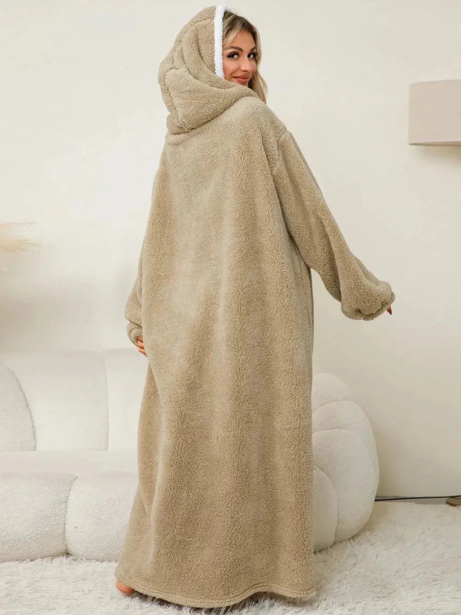 Pocketed Contrast Long Sleeve Hooded Lounge Dress - Lustreve